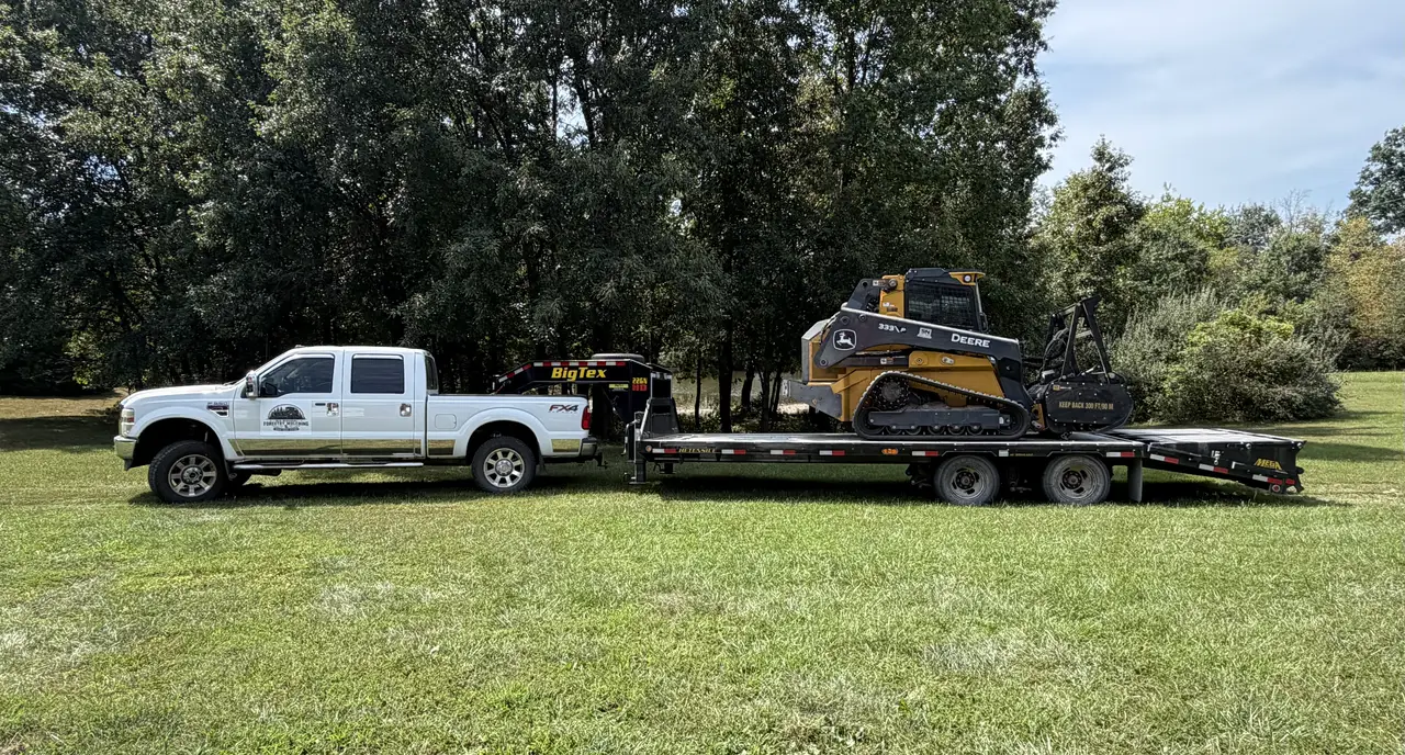 Mid Missouri Forestry Mulching truck, gooseneck trailer and Deere 333P mulcher on a mown field